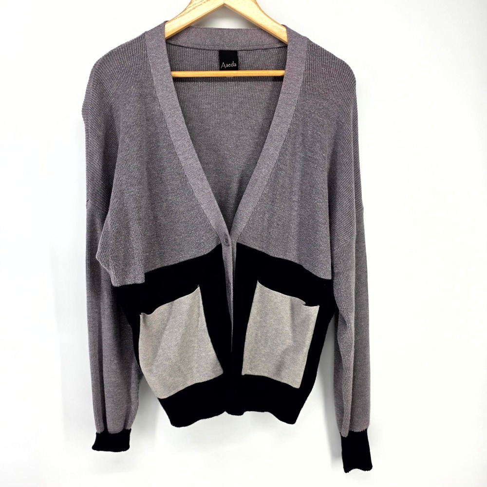 Aaeda Cardigan Sweater Womens L Gray Black Colorblock Ribbed Knit V-Neck Pockets